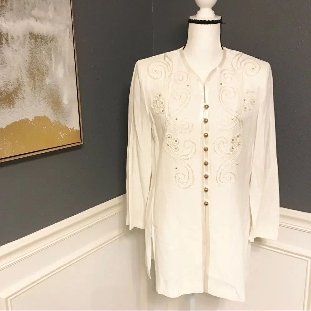 R & M Richards Embroidered Gold Button Down Tunic